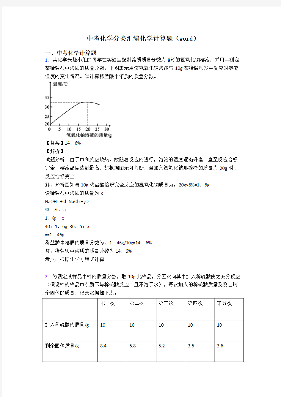 中考化学分类汇编化学计算题(word)