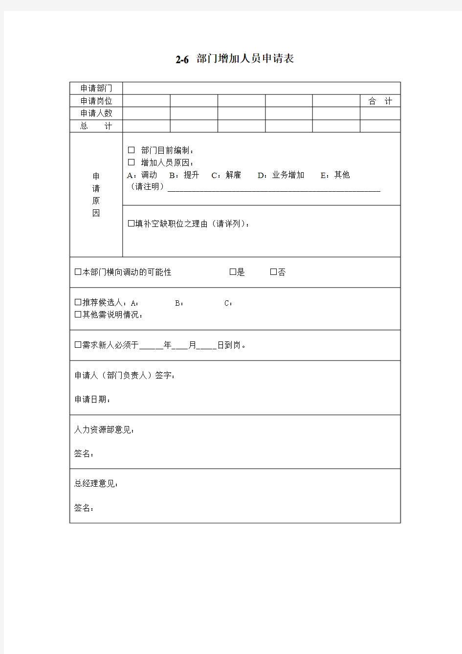 人力资源需求规划-部门增加人员申请表