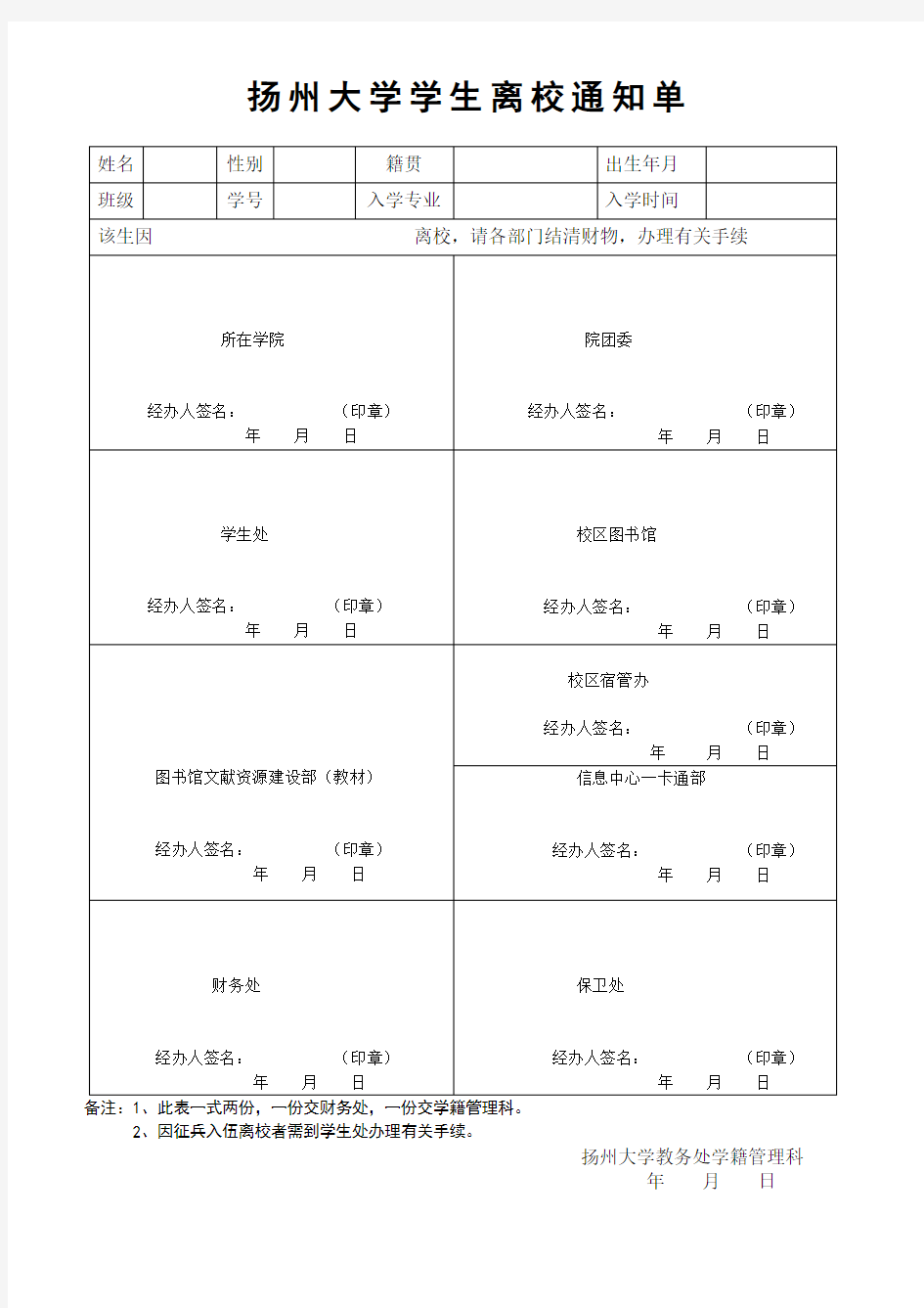 扬州大学学生离校通知单