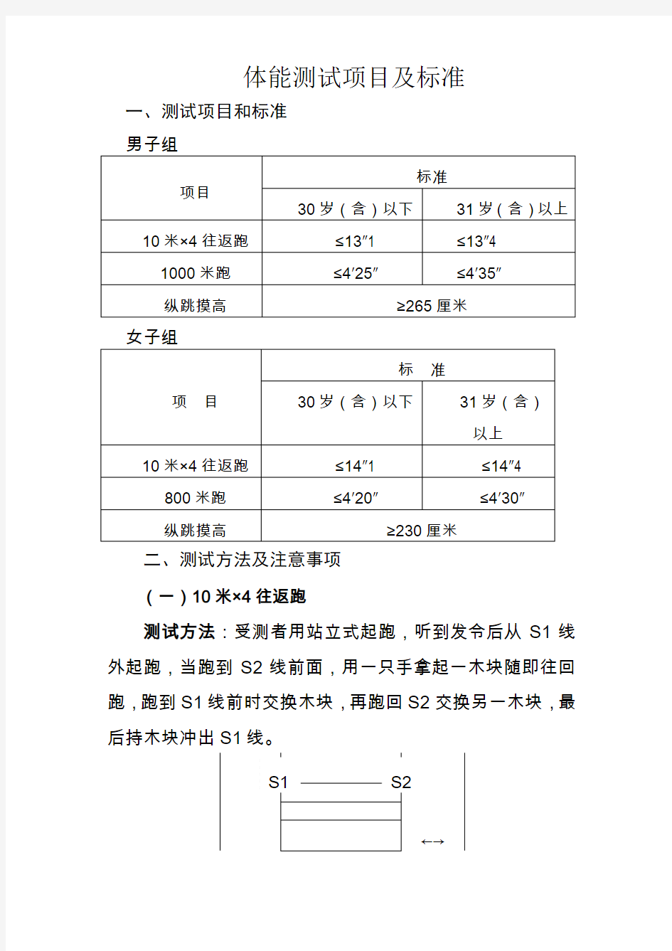 体能测试项目及标准