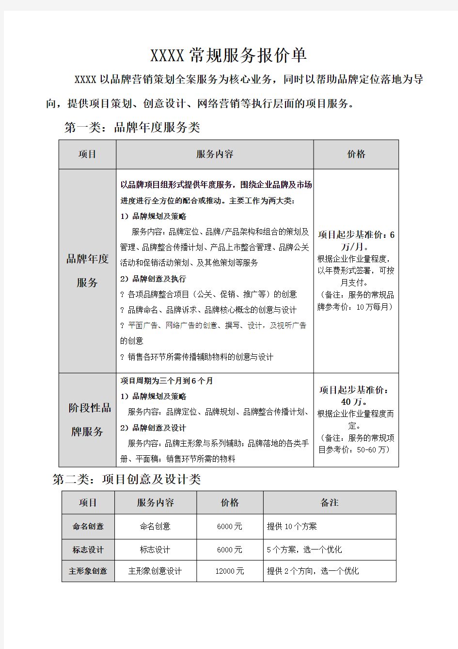 广告公司对外常规报价单