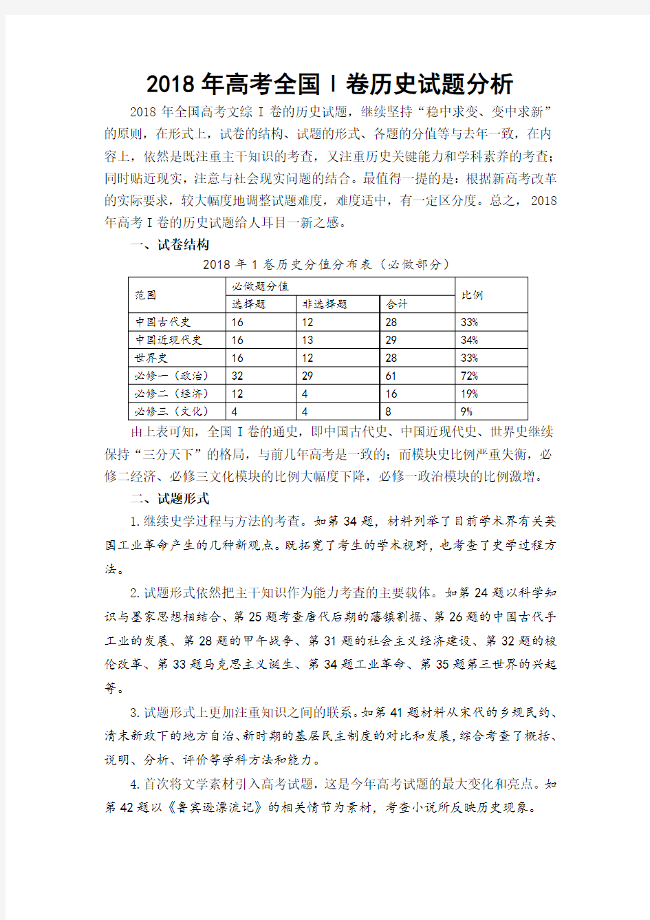 2018年高考全国Ⅰ卷历史试题分析