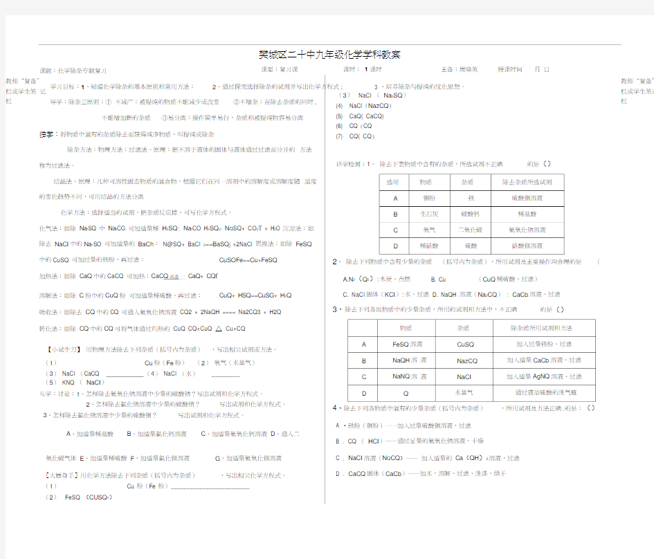 人教版初三化学下册化学除杂