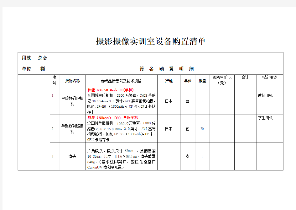 摄影摄像实训室设备购置清单(拟定)(DOC)