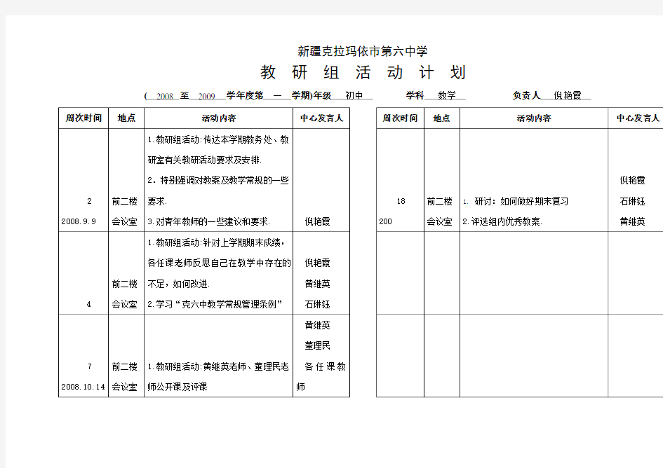 上初中数学教研组活动计划表