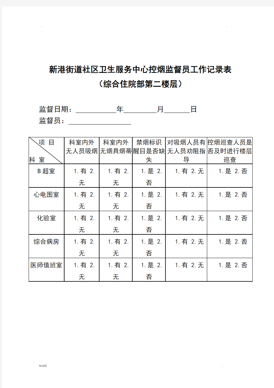 控烟监督员巡查员工作记录簿表