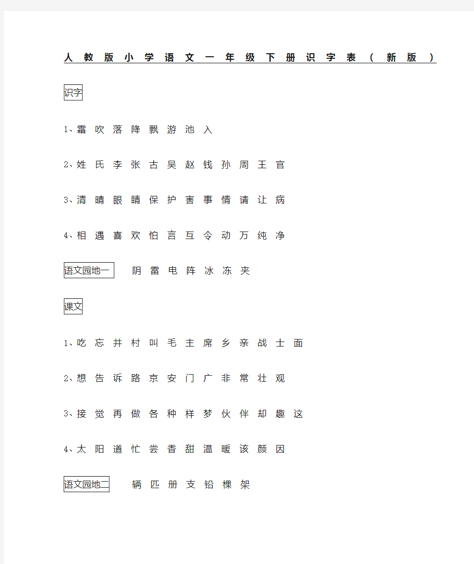 人教版小学语文一年级下册识字表新版