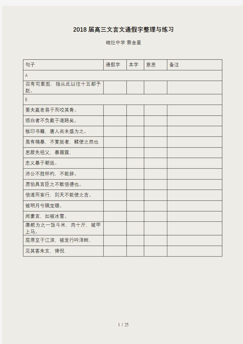 2018届高考文言文通假字练习(整理配答案)