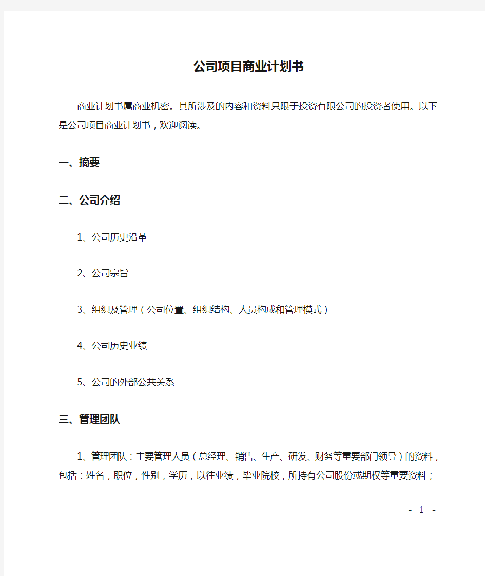 公司项目商业计划书