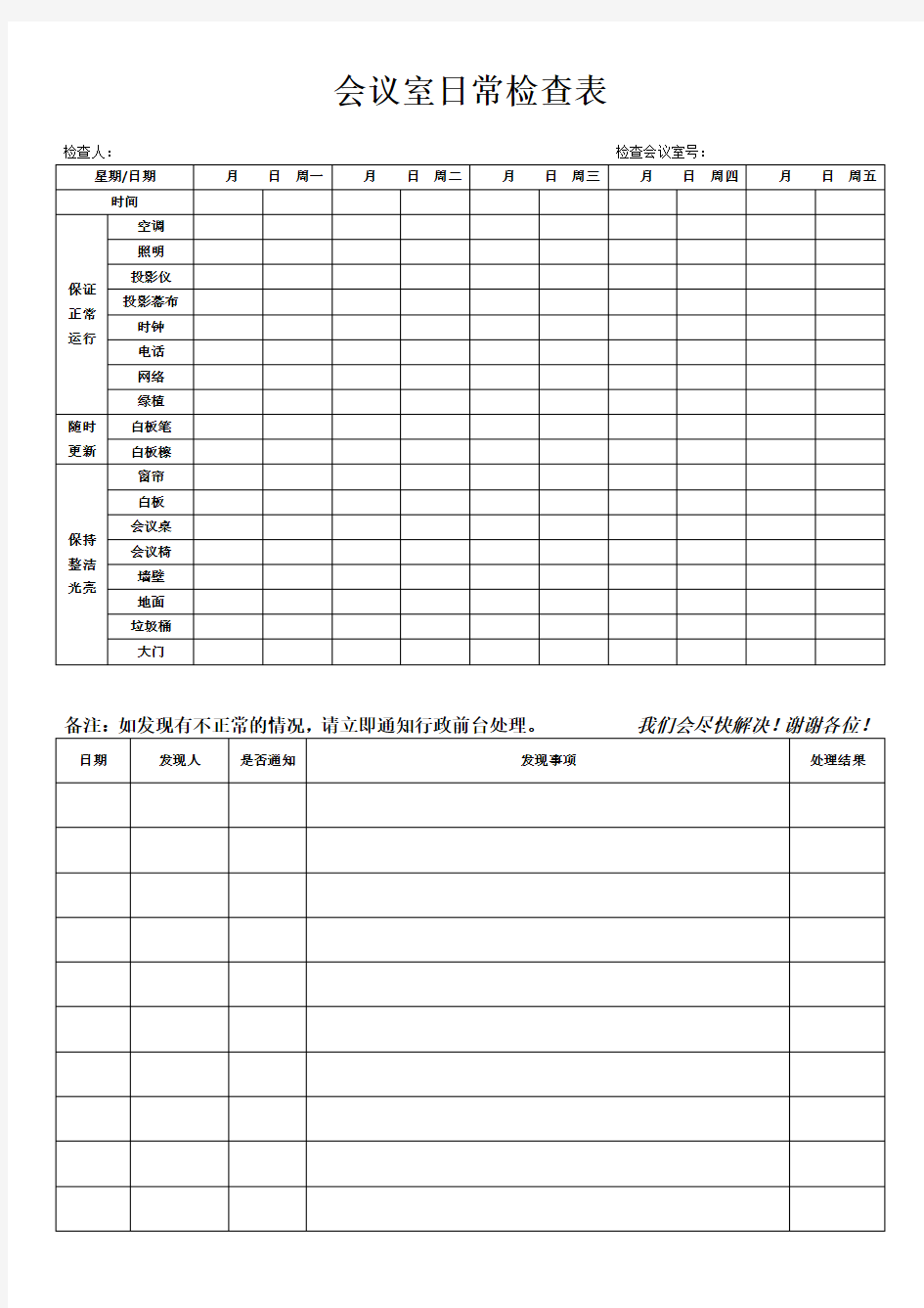 办公环境：会议室检查记录表