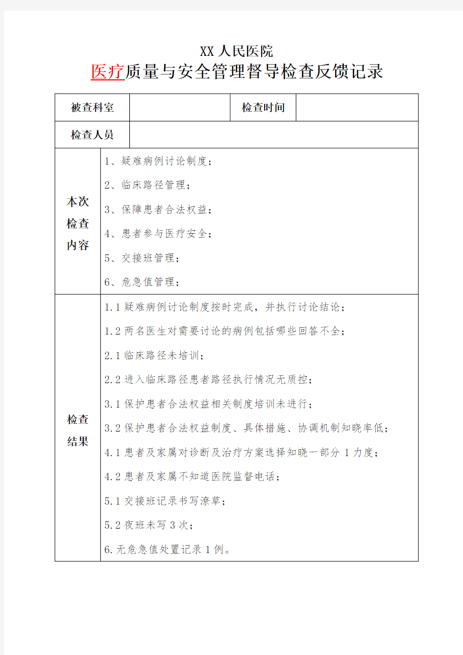 XX医院医疗质量督导检查反馈表