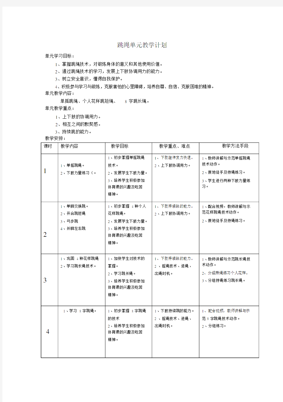 跳绳单元教学计划