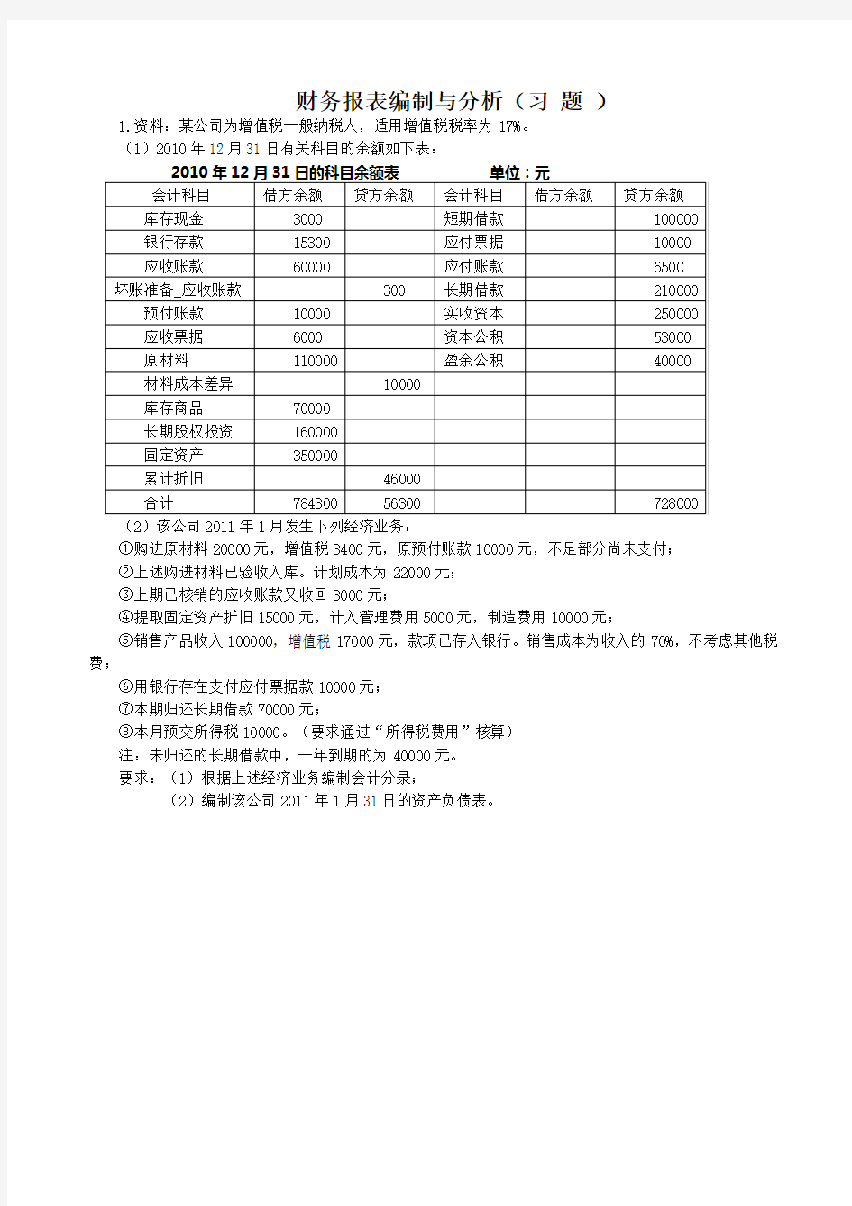 会计报表编制与分析(学生习题含答案)