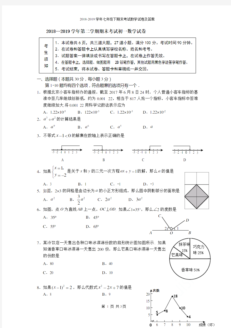 2018-2019学年七年级下期末考试数学试卷及答案