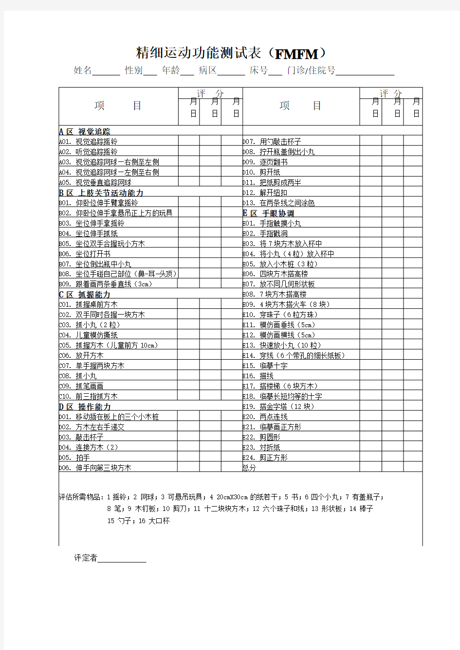 精细运动功能测试表(FMFM)