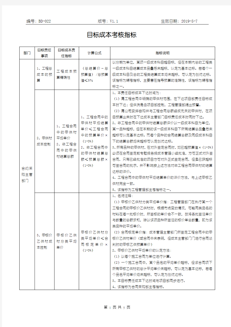 目标成本考核指标