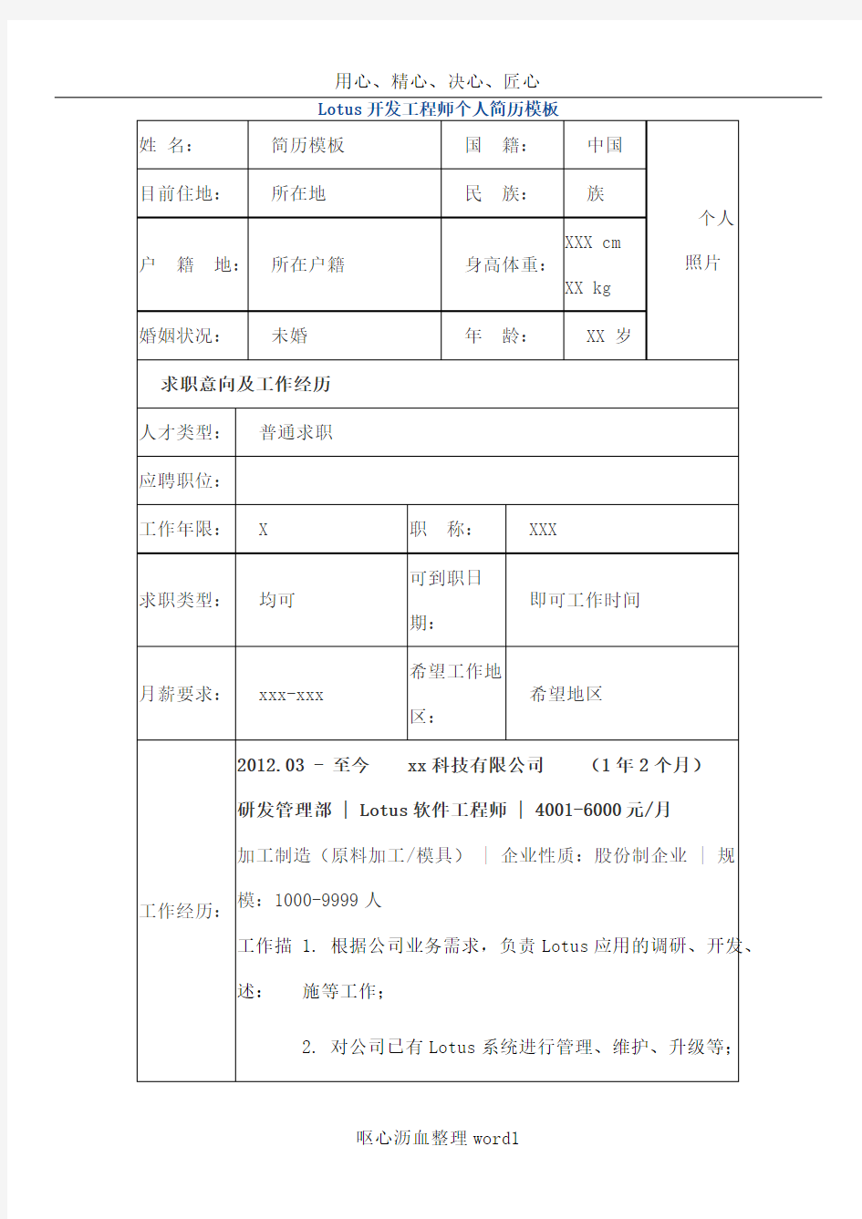 Lotus开发工程师 个人简历模板