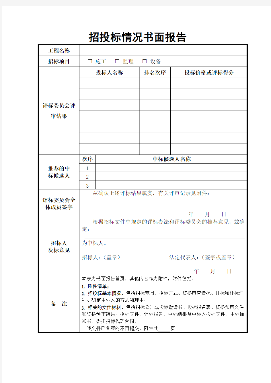 招投标情况书面报告表   