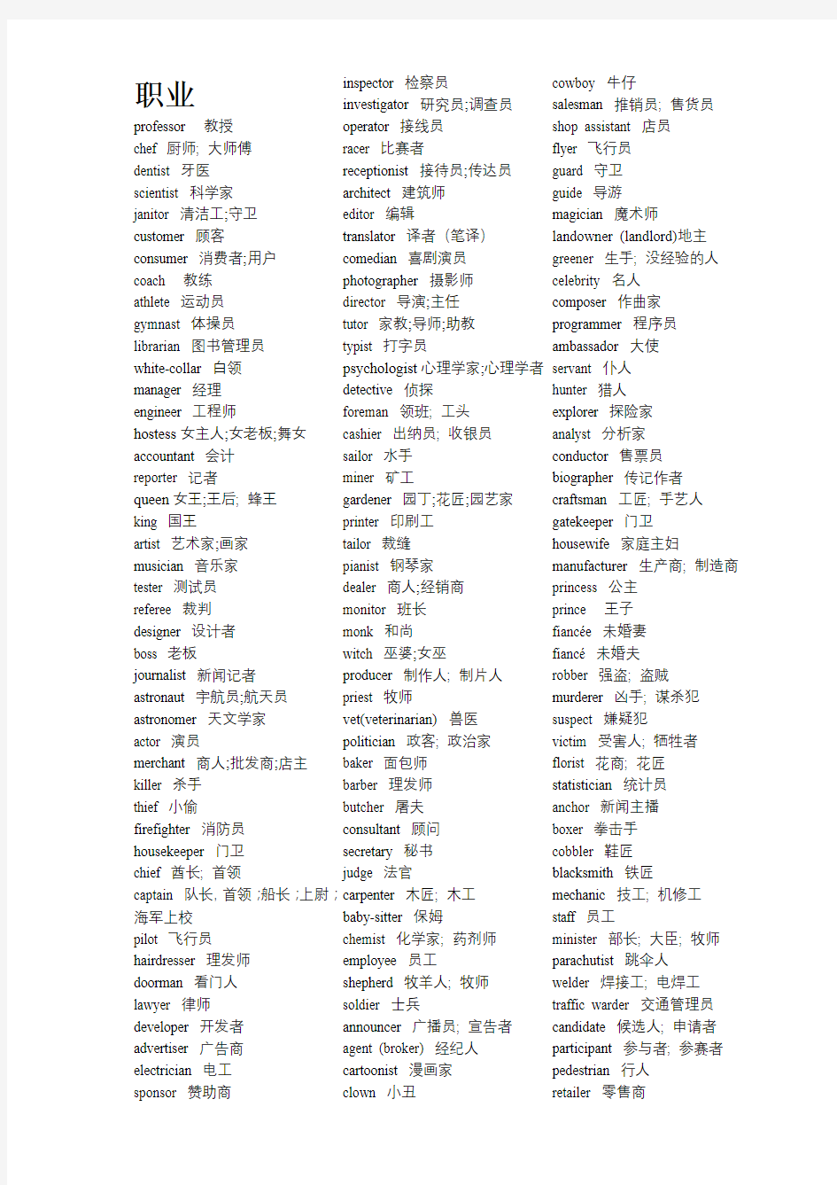 (完整版)各种职业的英文名称