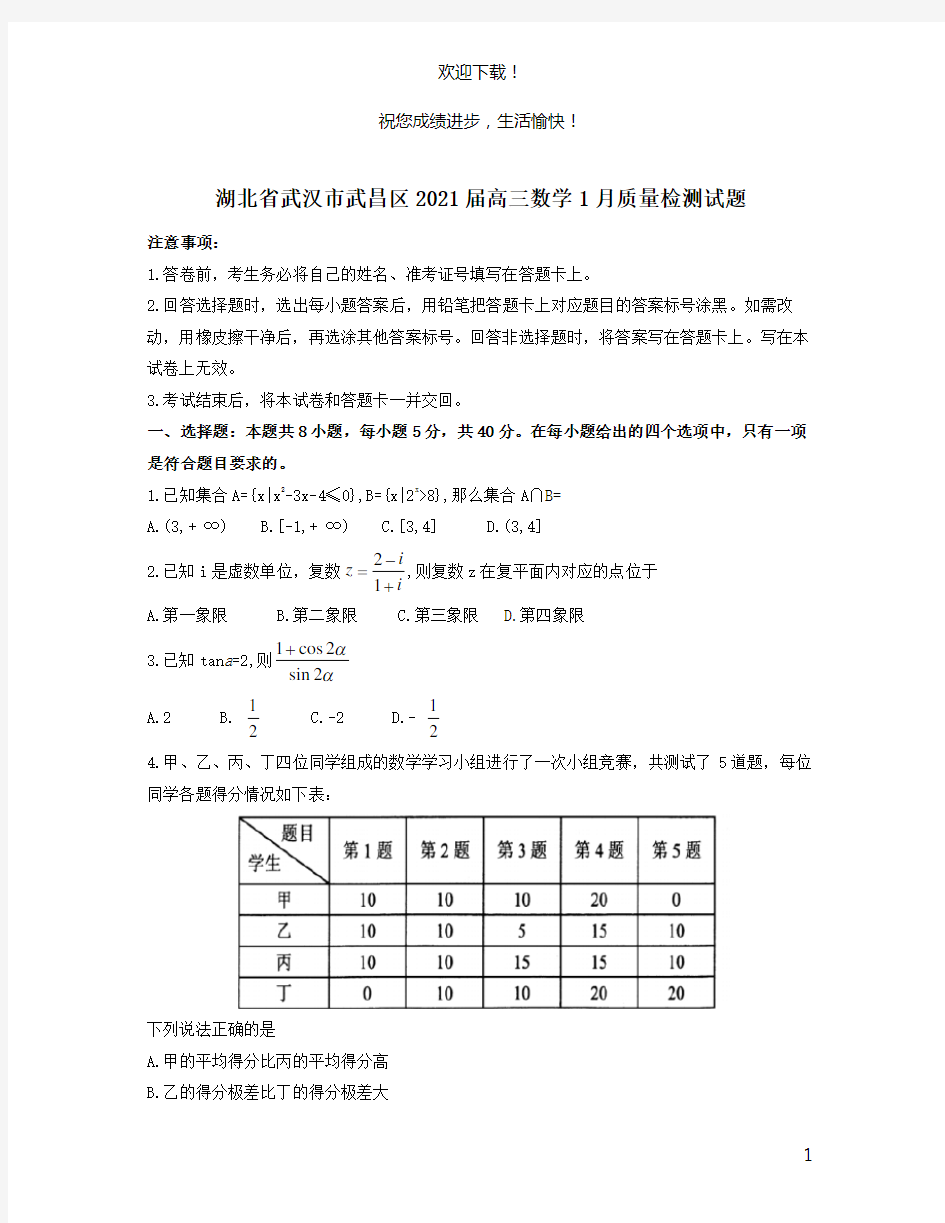湖北省武汉市武昌区2021届高三数学1月质量检测试题