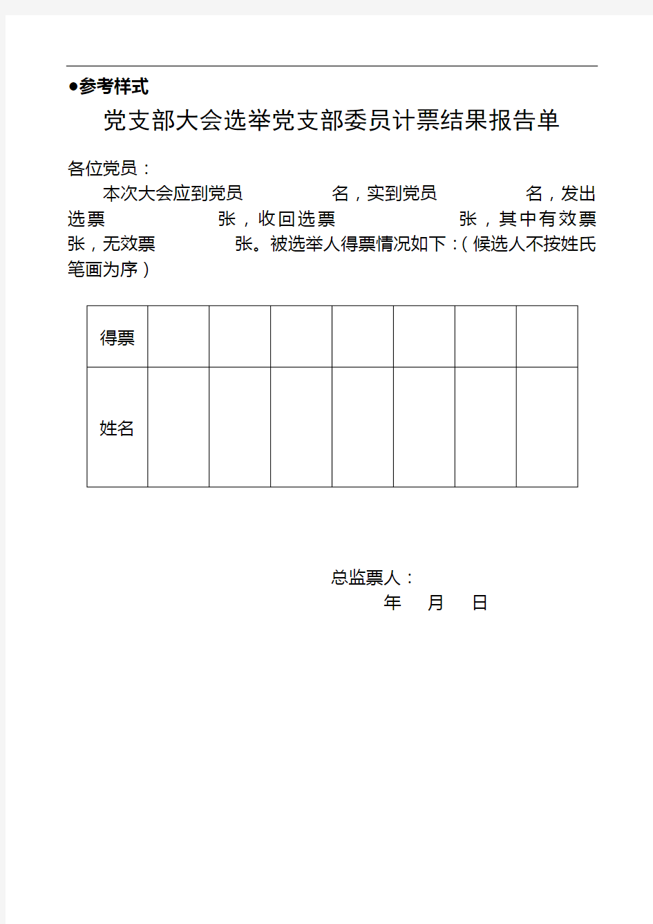 党支部大会选举选举计票结果报告单.doc