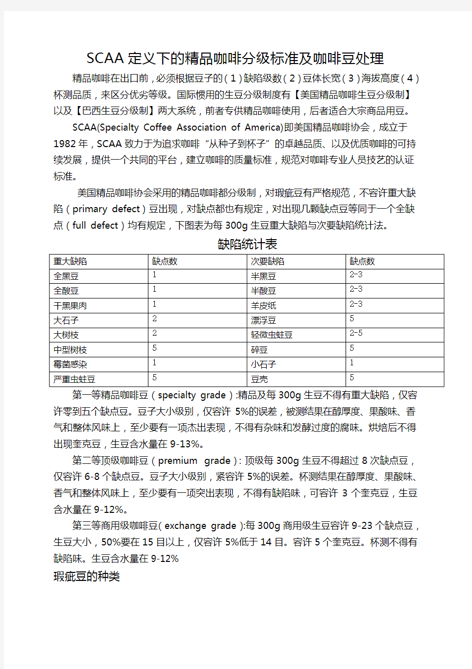 SC咖啡分级及其他