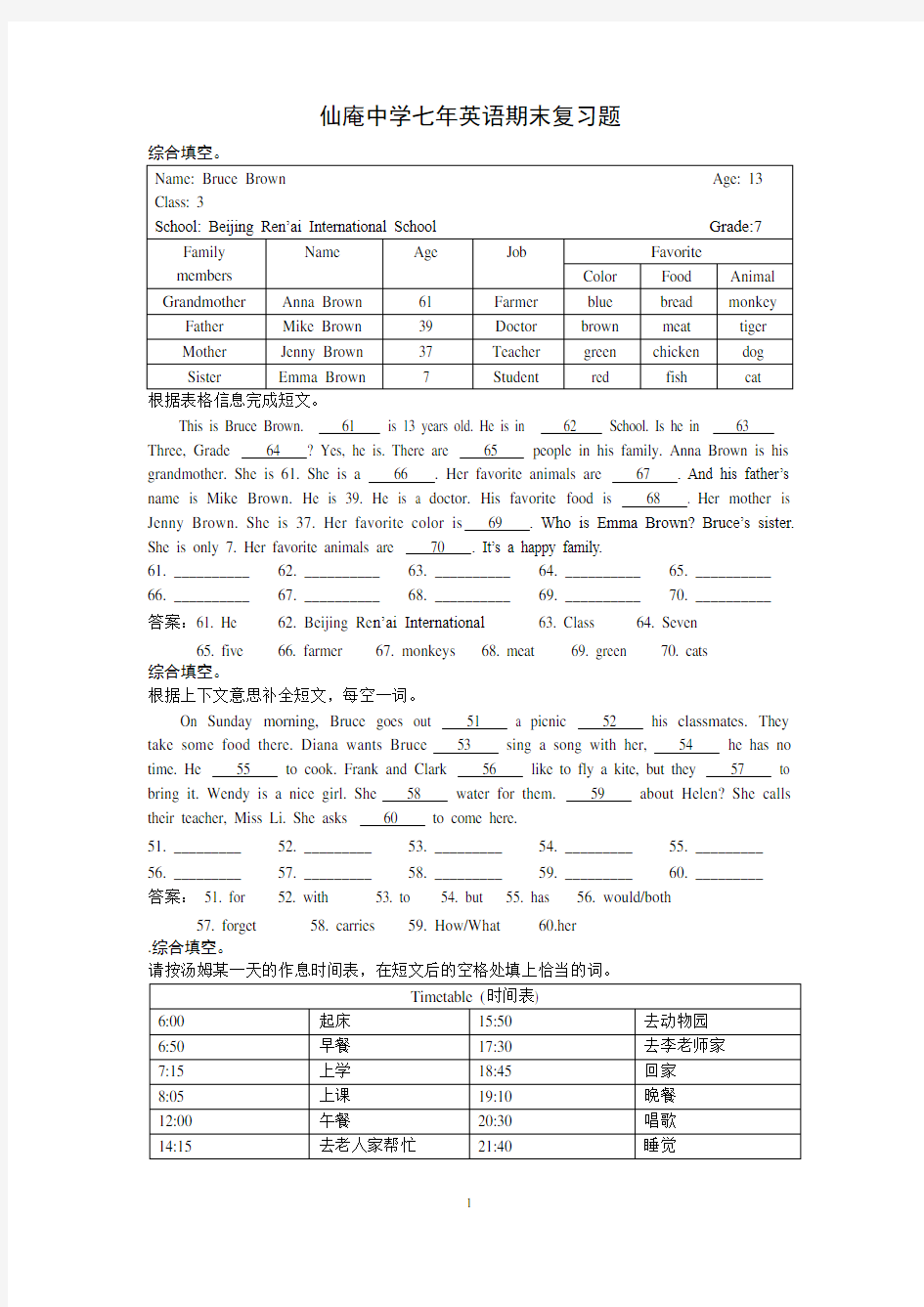 七年级上英语综合填空题