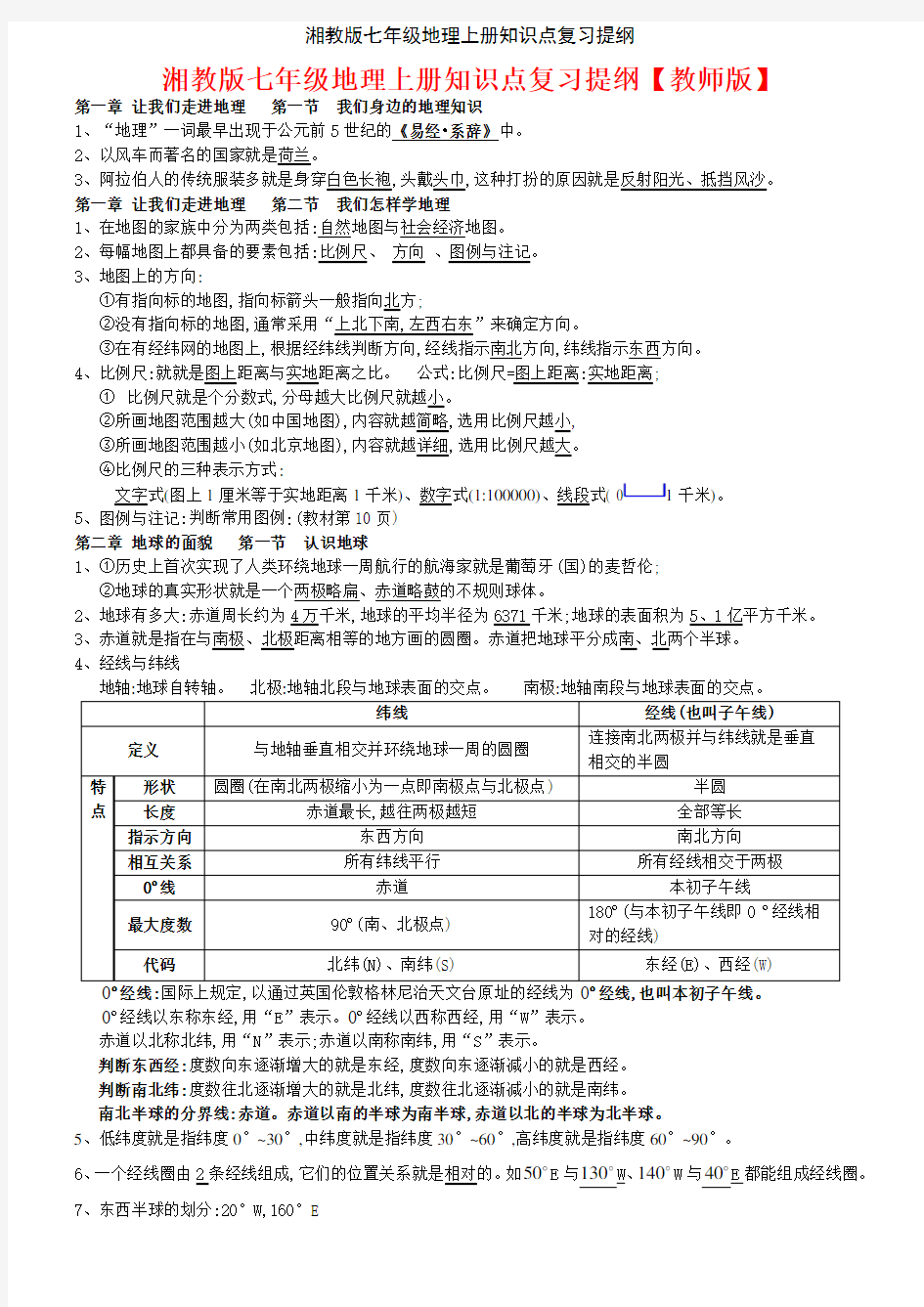 湘教版七年级地理上册知识点复习提纲