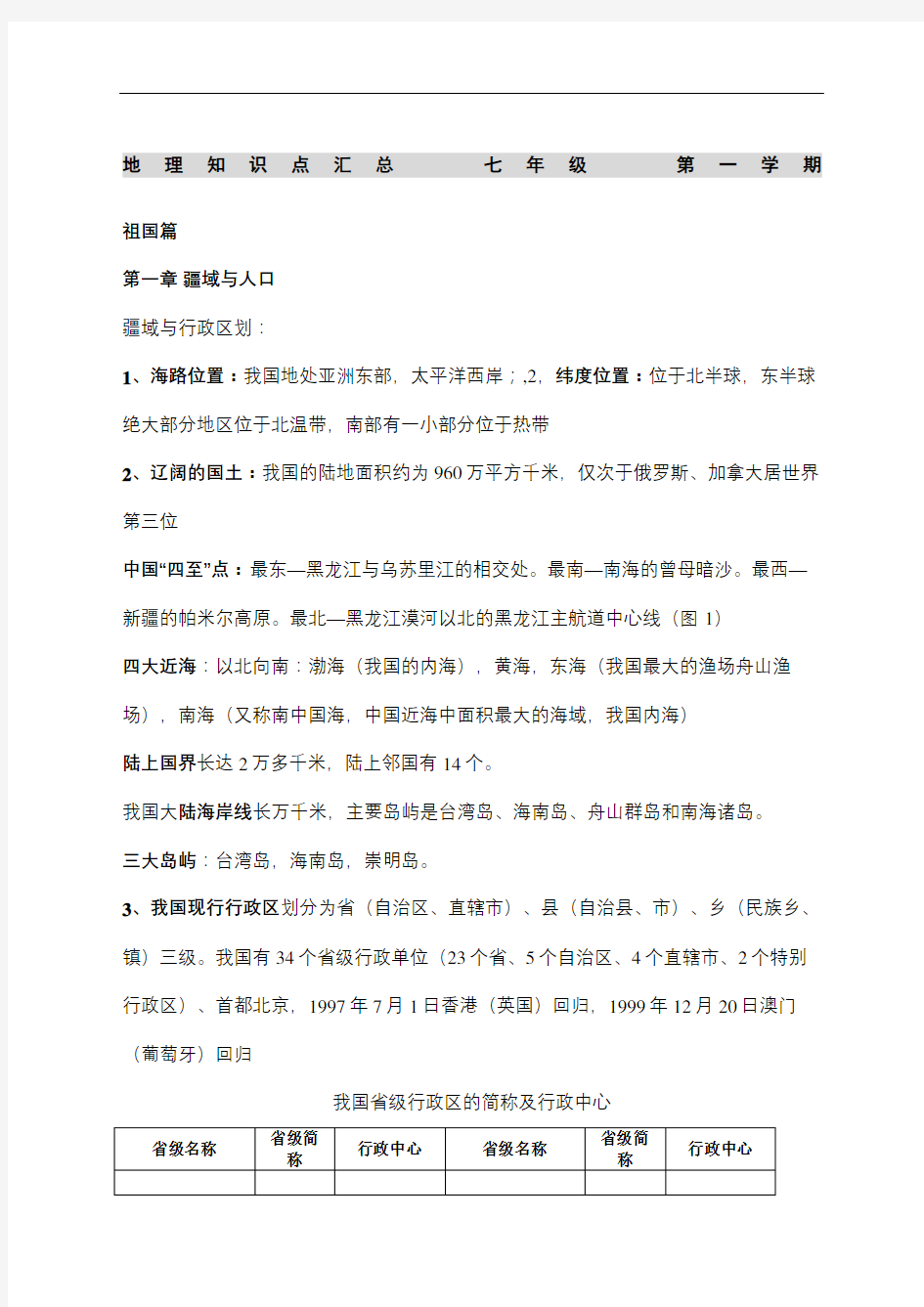 上海初中地理会考知识点汇总七年级第一学期
