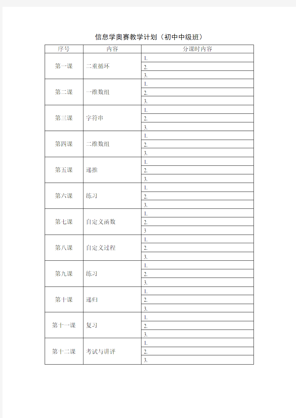 信息学奥赛教学计划(初中初级班)