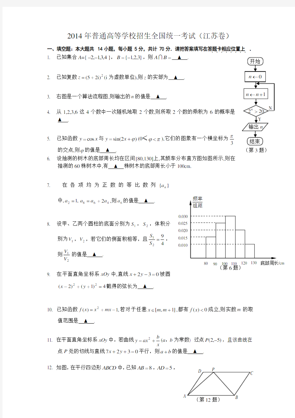 2014年江苏高考数学试卷(word版含答案)