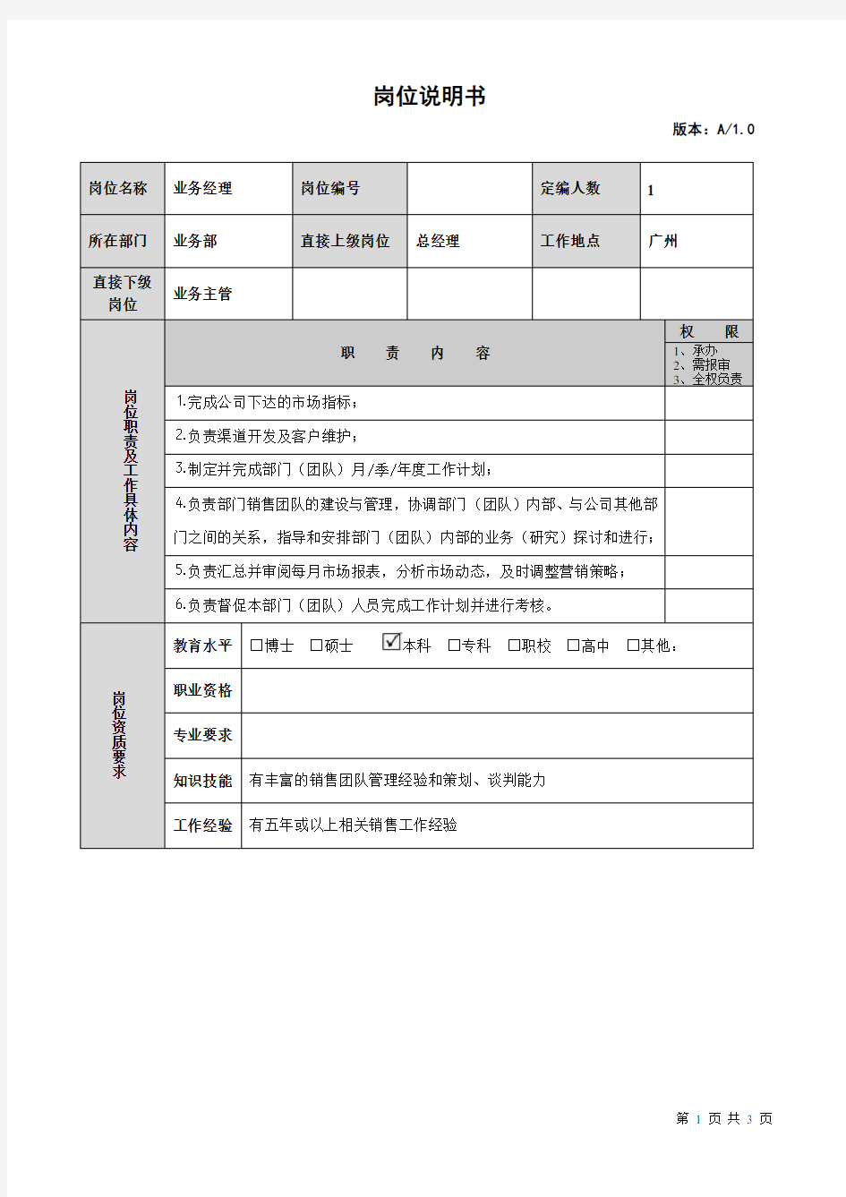 销售人员岗位职责说明书