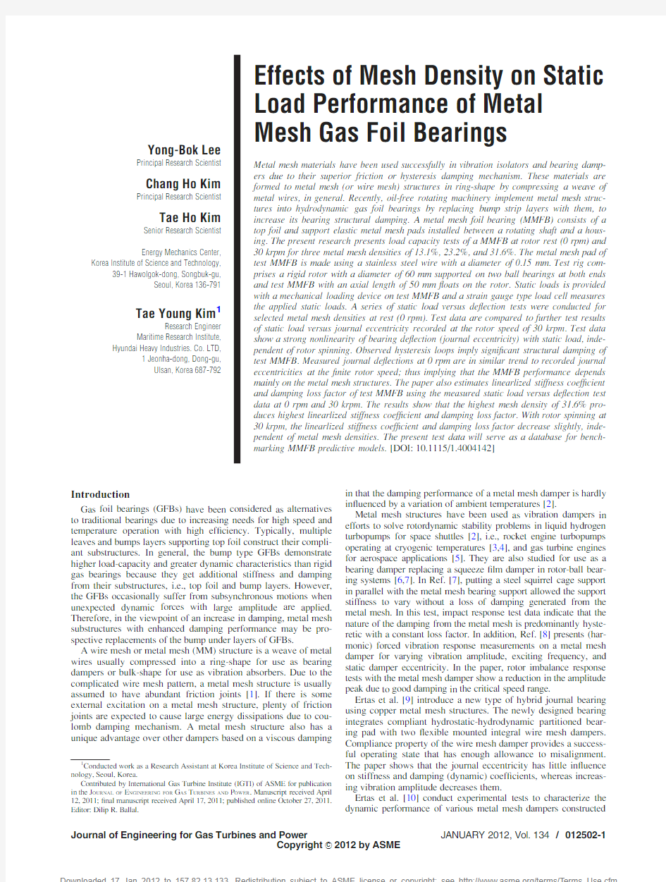 Effects of Mesh Density on Static Load Performance of Metal Mesh Gas Foil Bearings