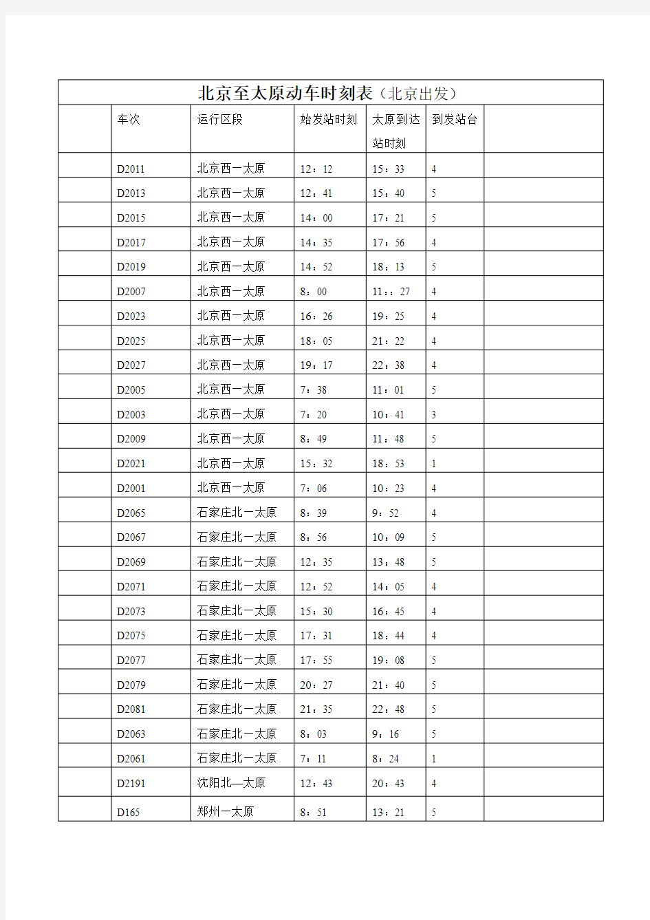 太原至北京动车时刻表