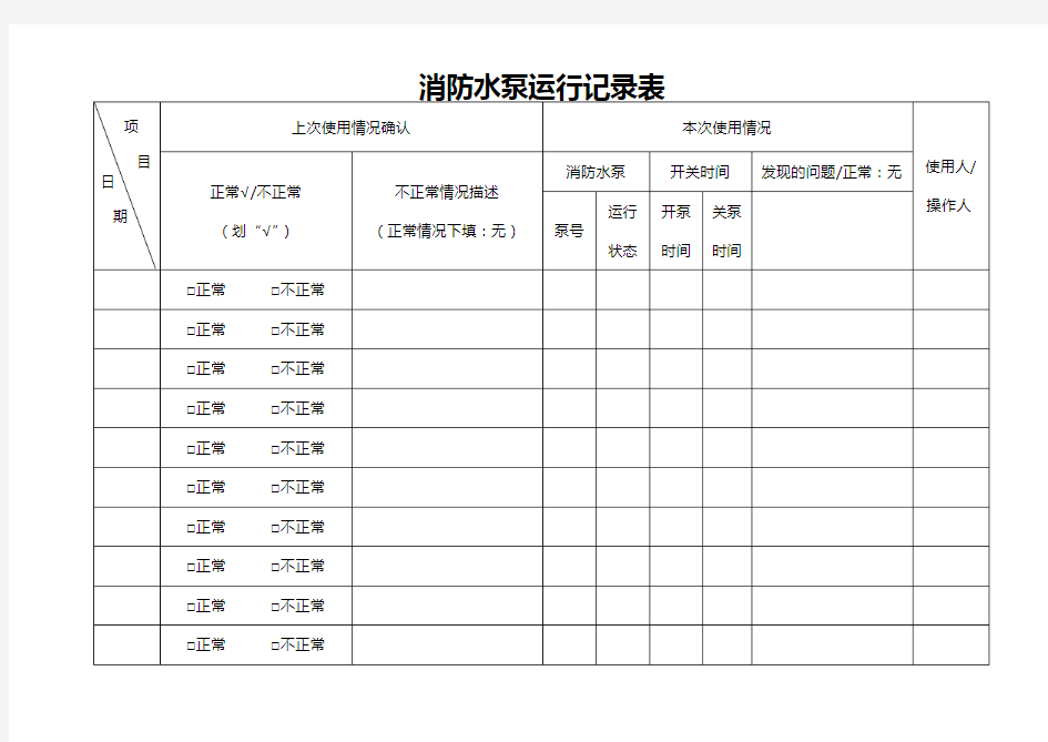 消防水泵运行巡查记录表