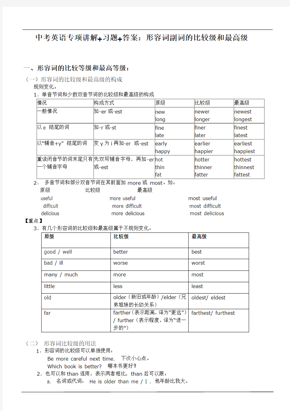 中考英语形容词副词的比较级&最高级专项讲解+习题+答案