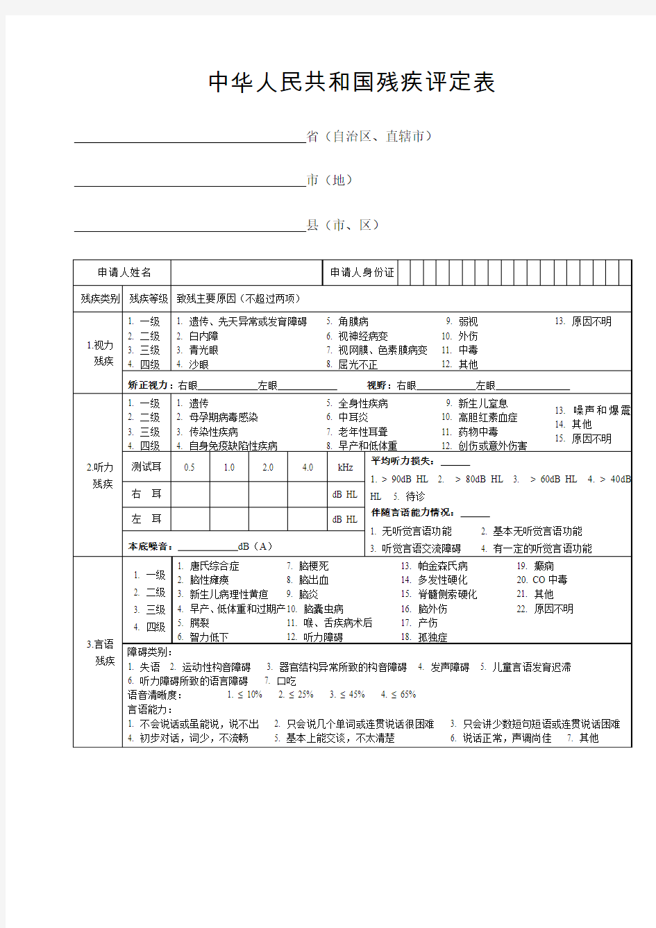 中华人民共和国残疾人证申请表