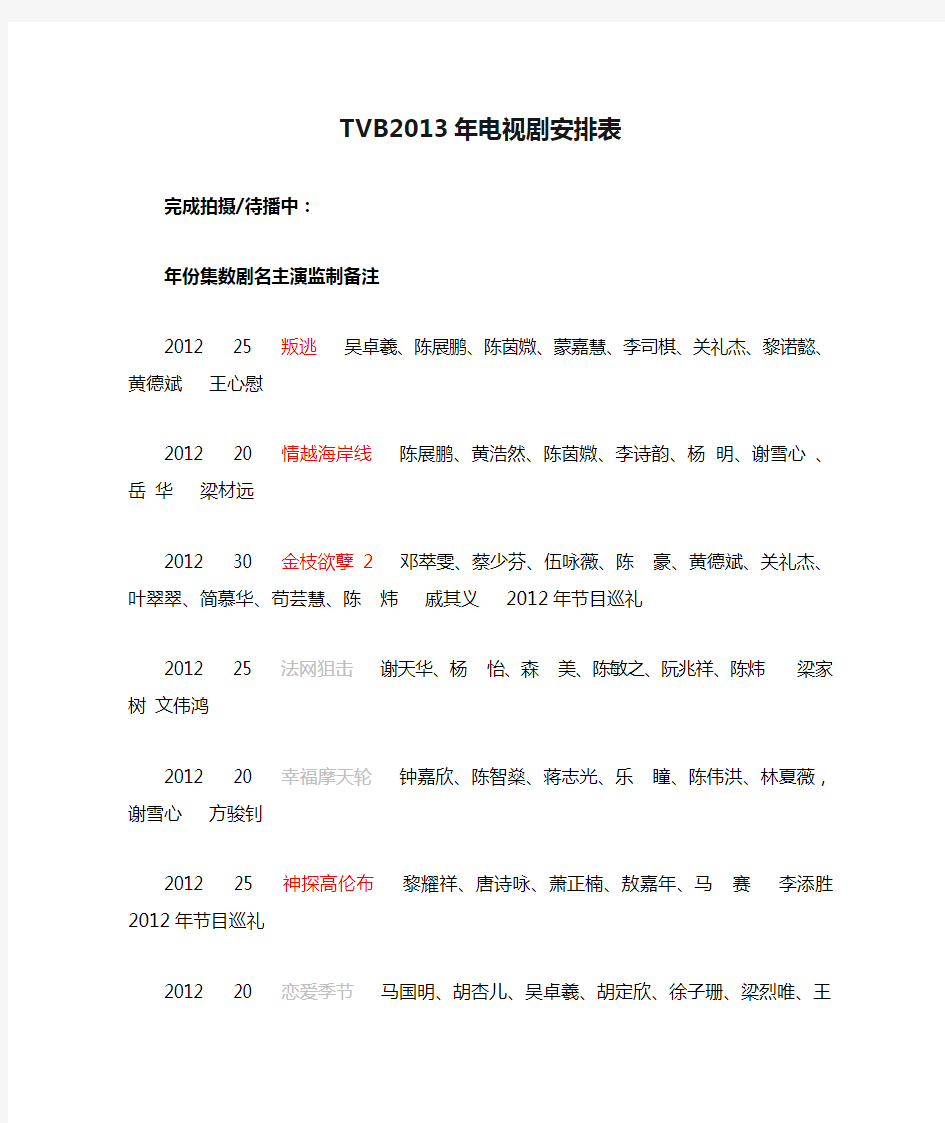 TVB2013年电视剧安排表