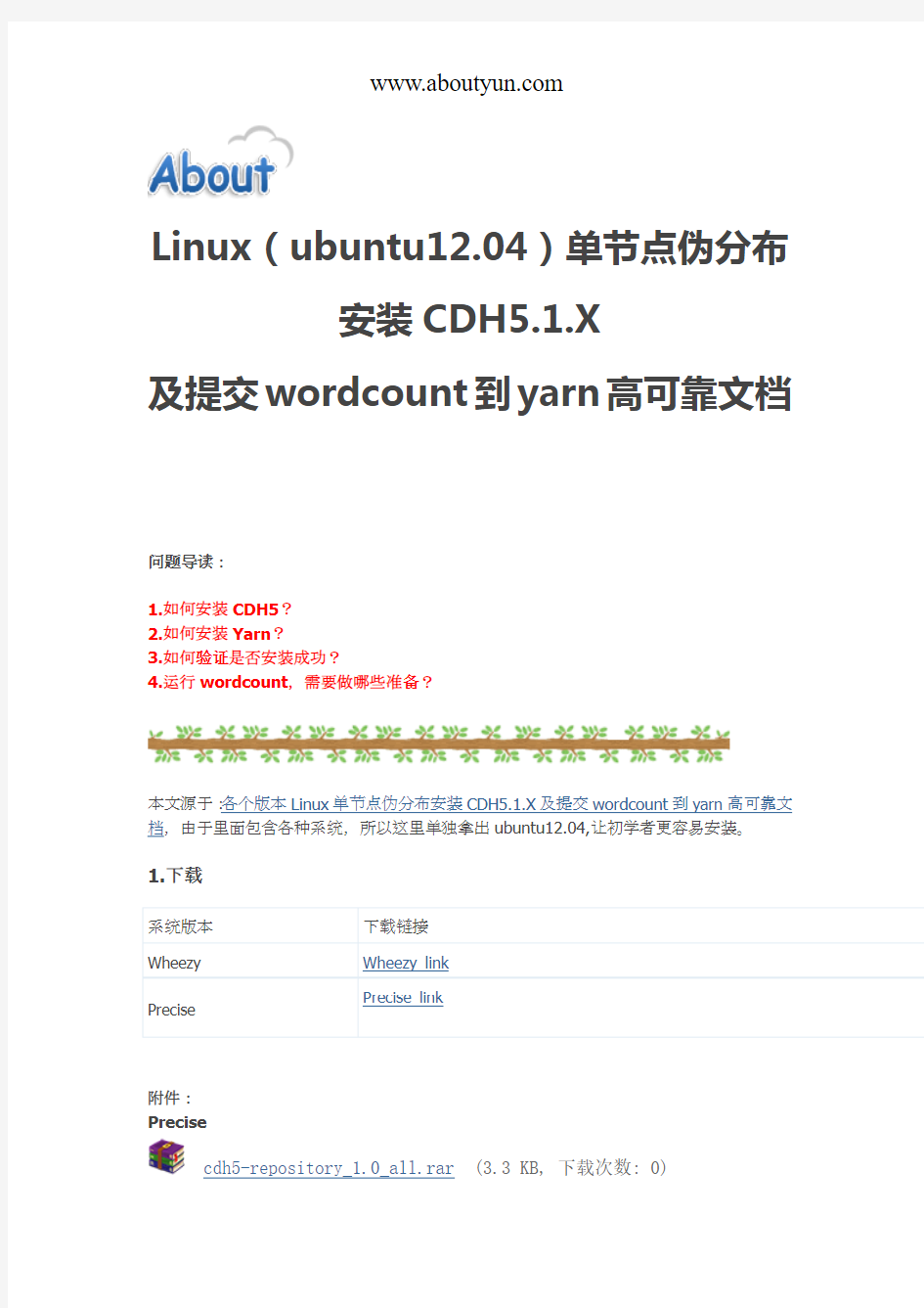 Linux(ubuntu12.04)单节点伪分布安装CDH5.1.X及提交wordcount到yarn高可靠文档