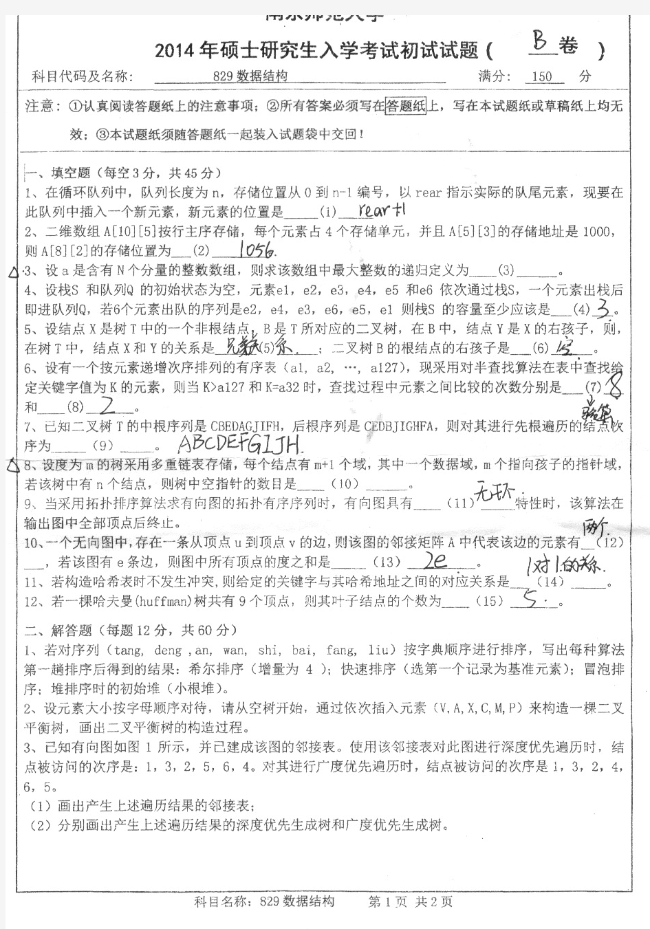 2014年南京师范大学考研试题 数据结构