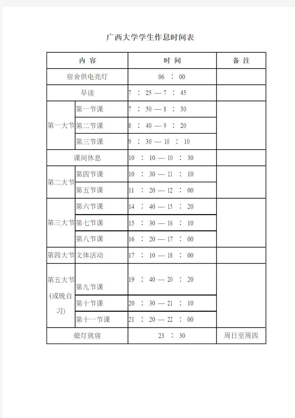 广西大学学生作息时间表