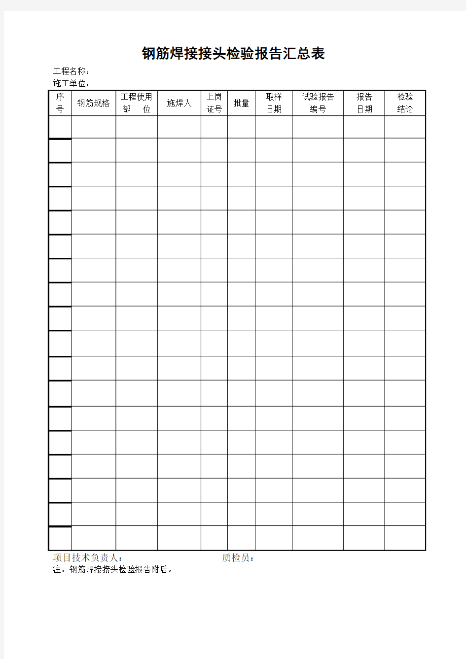 市政工程钢筋焊接接头检验报告汇总表