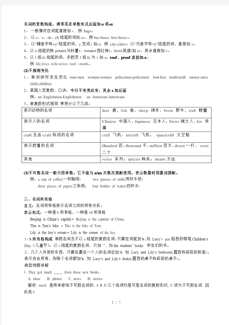 初中语法训练之名词含练习题及答案
