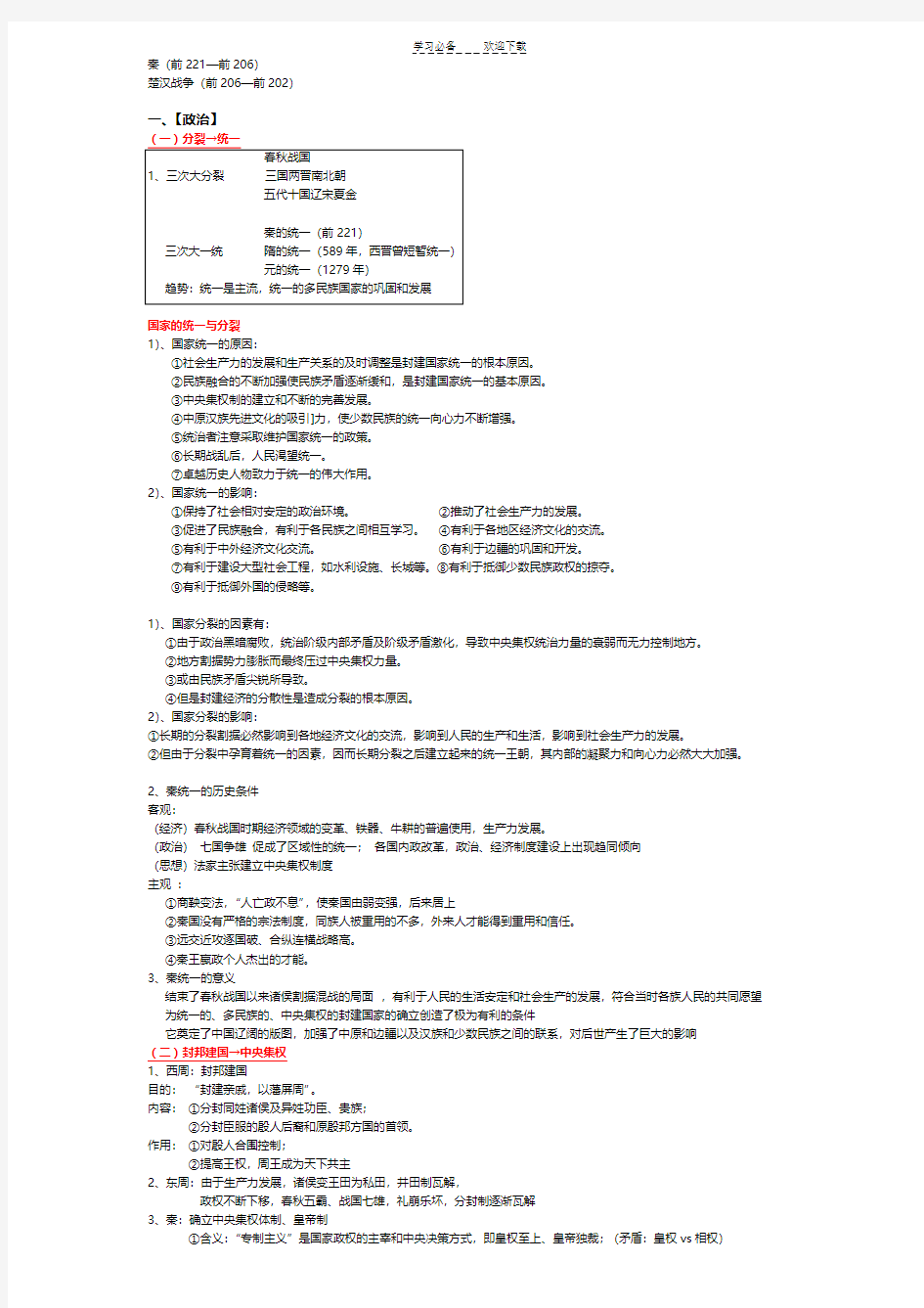 上海高考历史复习笔记整理 【中国古代史整理】(详细版)