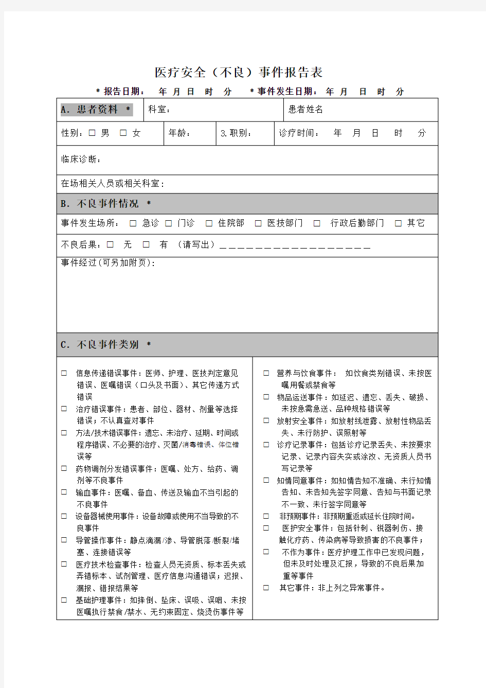 医疗安全不良事件上报表