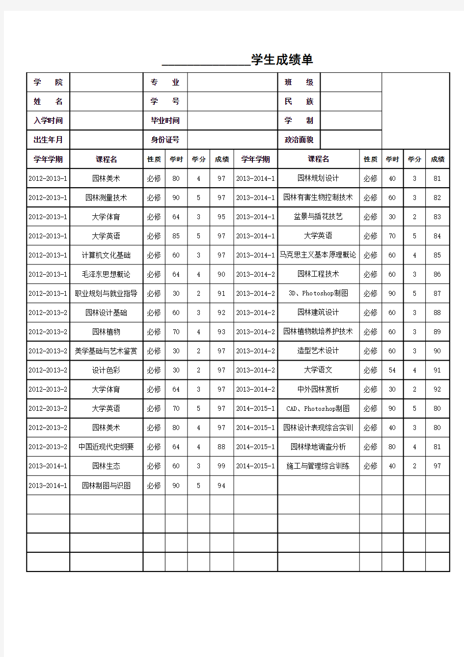 成绩单模板