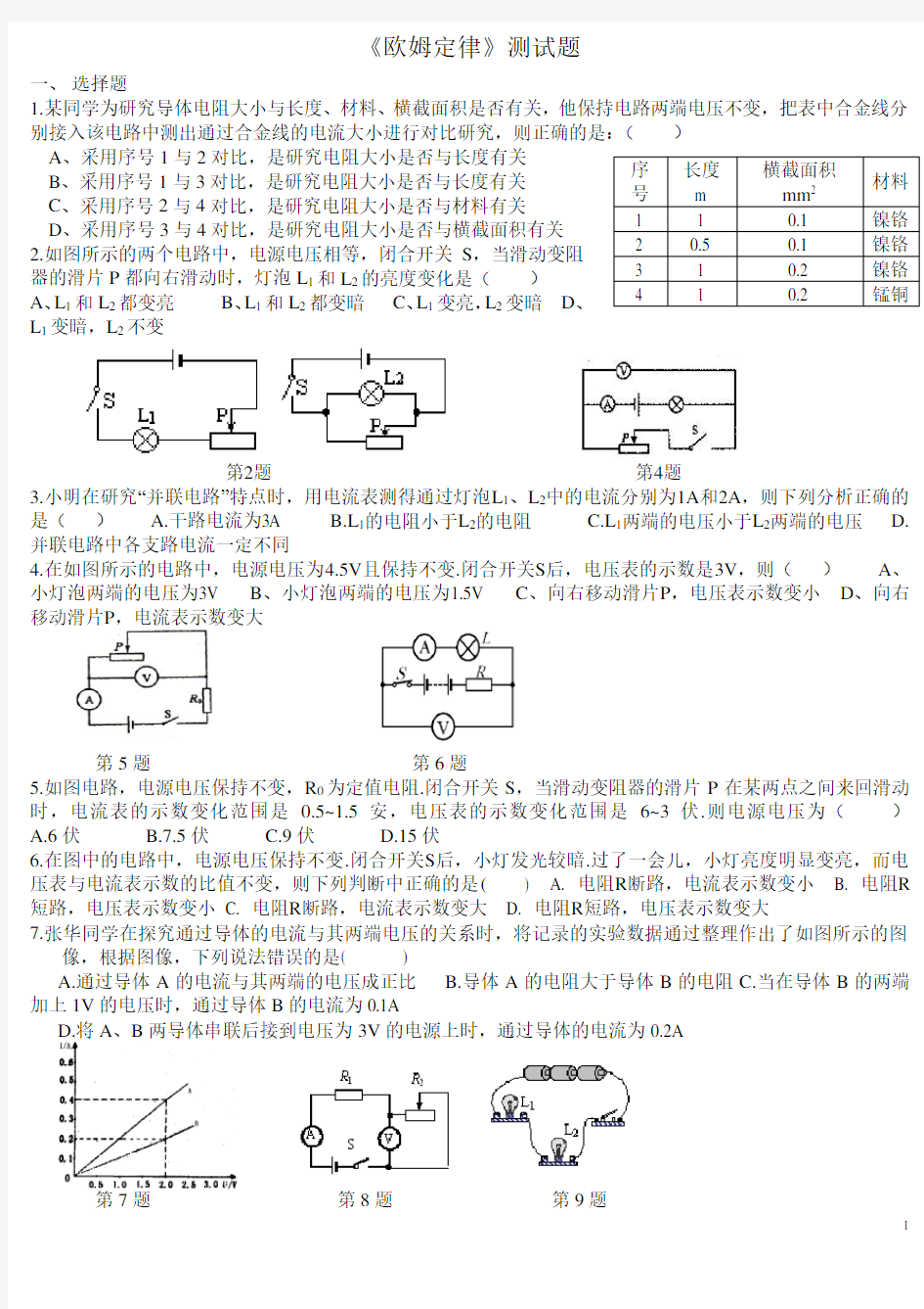 初中物理--欧姆定律练习题附答案