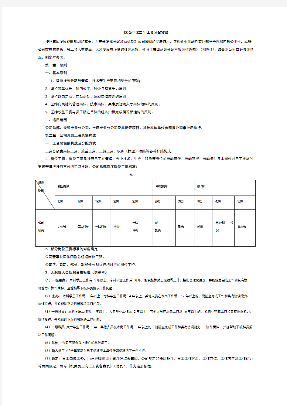 某公司工资分配方案