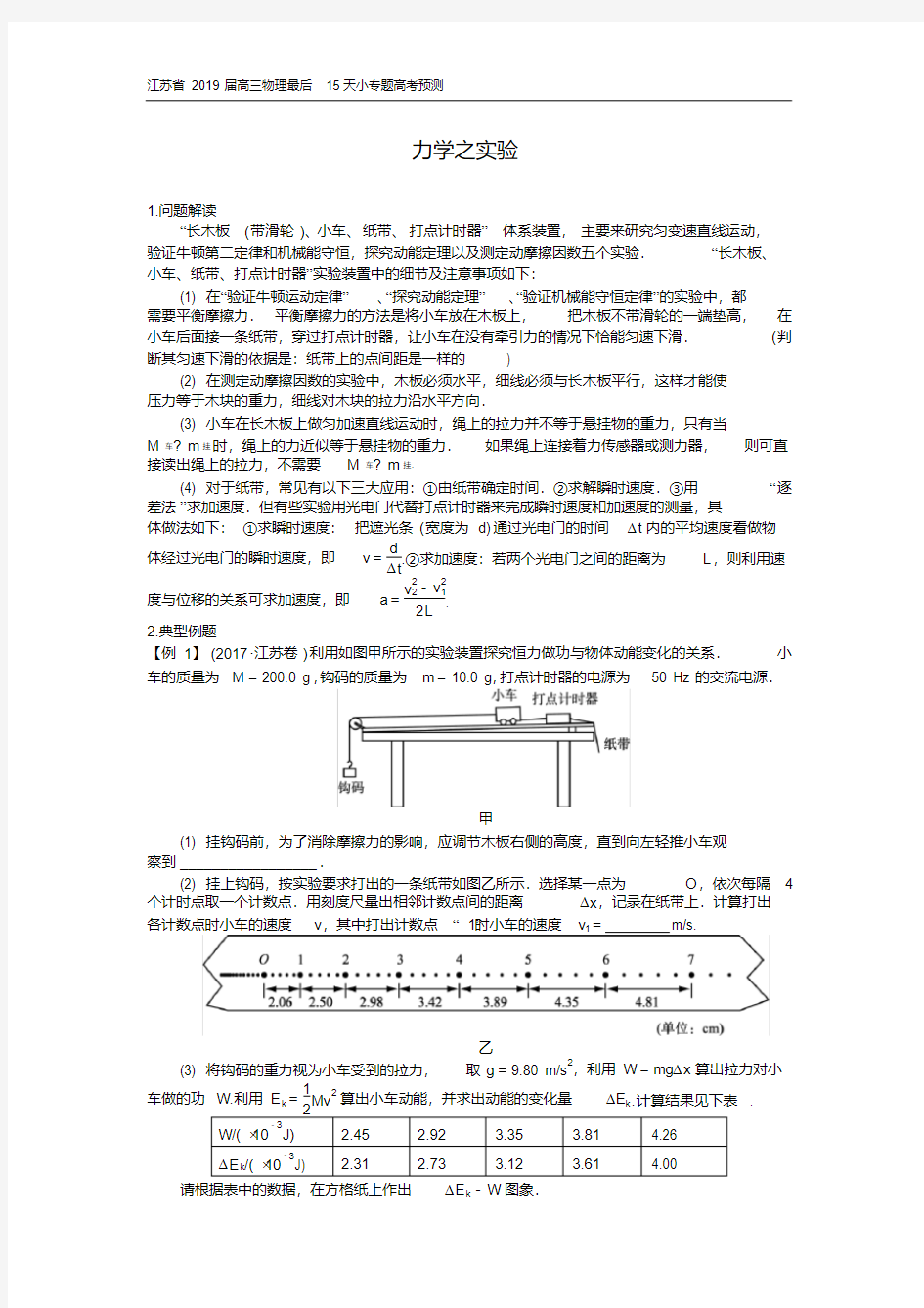 江苏省2019届高三物理最后15天小专题高考预测——力学之实验