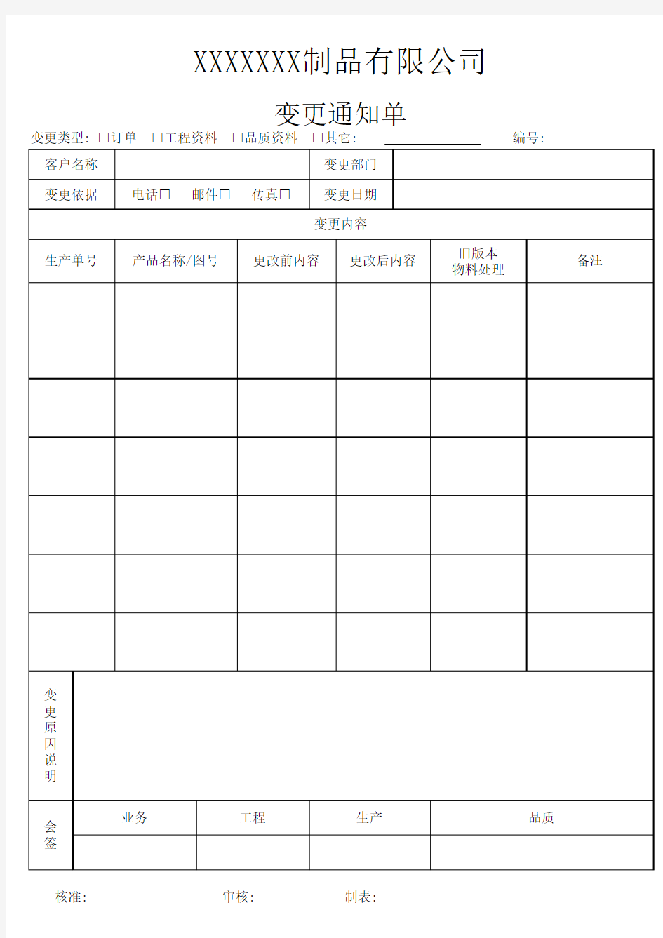 变更通知单表格